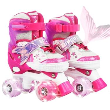 Imagem de Patins Infantil 4 Rodas Ajustável Rodinha Led Sereia + Kit Proteção (Rosa, S - 29 ao 32)