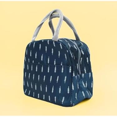 Imagem de Bolsa Marmita Lancheira Térmica Estampada – Compacta para Trabalho, Faculdade e Academia | Mantém Alimentos Quentes ou Frios, com Bolso Lateral e Alça (Azul com Folhas Brancas)