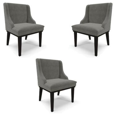 Imagem de Kit 3 Cadeiras Decorativas Sala de Jantar Base Fixa de Madeira Firenze Suede Grafite/Preto G19 - Gran Belo