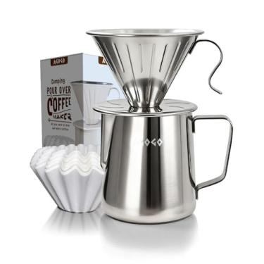 Imagem de AGOGO Conjunto de cafeteira para acampamento com filtro de papel de aço inoxidável (prateado, 600 ml)
