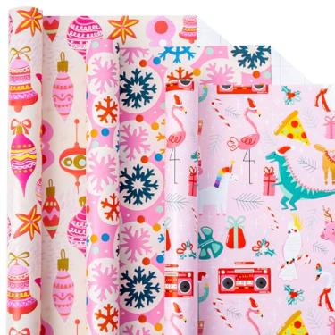 Imagem de Homeral Rolo de papel de embrulho de Natal com floco de neve rosa