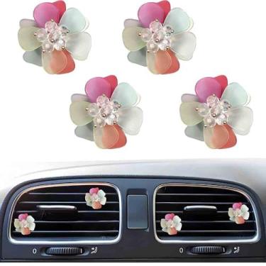 Imagem de 4 peças Bling Daisy Pearl Flower Rhinestone Colorful Car Air Vent Clip difusor difusor decoração interior de carro charme acessório para meninas mulheres (colorido)