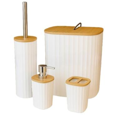 Imagem de Kit para Banheiro Bambu Plástico Porta Sabonete Escova de Vaso Lixeira Conjunto Preto Branco(KIT 6 PEÇAS BRANCO REDONDO)