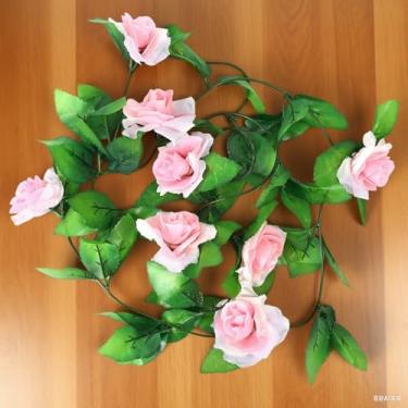 Imagem de Flor artificial de 240 cm de seda com folhas verdes para decoração de casamento em casa, guirlanda de flores artificiais (rosa claro)