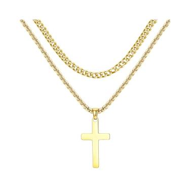 Imagem de Colar de cruz para homens – Colar de crucifixo em camadas de aço inoxidável banhado a ouro 14K, prata e preto, corrente cubana de espinha de peixe, corrente de corrente com pingente de cruz, joias