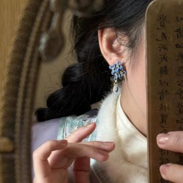 Imagem de Brincos de flor para mulheres, brincos com pingente floral, feitos à mão, rosa, azul, orquídea Forget Me Not, Medium, Latão, Sem pedra preciosa