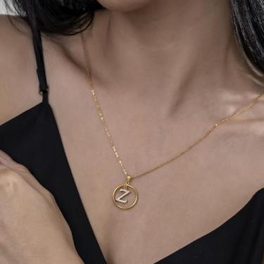 Imagem de Colar de strass com inicial A-Z - Joias delicadas com pingente circular com corrente ajustável, colar de alfabeto personalizado para mulheres,, F, Aço inoxidável, Sem Pedra Preciosa