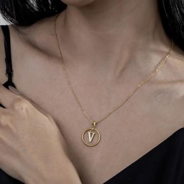 Imagem de Colar de strass com inicial A-Z - Joias delicadas com pingente circular com corrente ajustável, colar de alfabeto personalizado para mulheres,, F, Aço inoxidável, Sem Pedra Preciosa