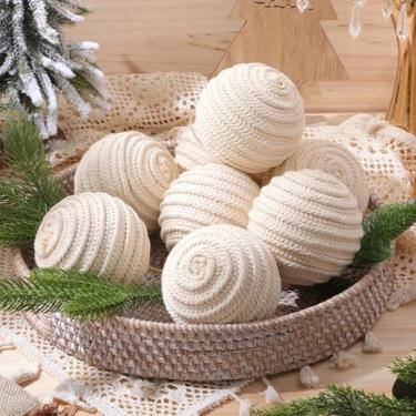 Imagem de RoundFunny 8 peças de enfeites de bola de Natal de 10 cm, boho, bolas de corda de juta para casa de fazenda, ornamentos rústicos neutros para guirlanda de árvore de Natal, guirlanda de Natal (12 peças
