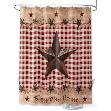 Imagem de Cortina de chuveiro xadrez vermelha vintage Texas Star, textura de madeira de fazenda, tecido lavável à prova d'água, conjunto de cortinas de chuveiro para decoração de banheiro, 91 x 182 cm de