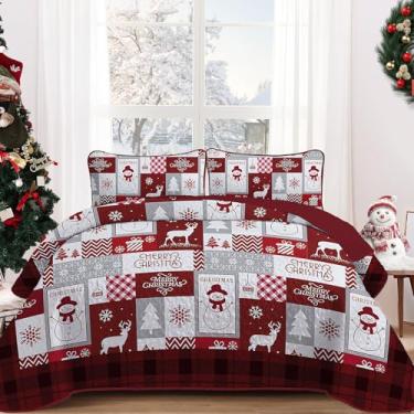 Imagem de Conjunto de cama queen de Natal com 2 fronhas, colcha xadrez de Natal com patchwork, vermelha, macia, leve, com estampa de boneco de neve, alce, edredom para todas as estações, decoração de casa