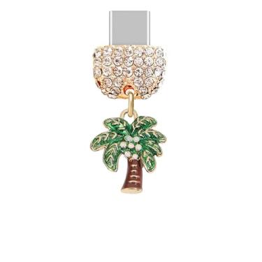 Imagem de ELISE & FONDA TP926 Tipo-C Porta de Carregamento Cristal Antipoeira Plugue Pequeno 3D Natal Coqueiro Celular Berloque para iPhone 15/16/Samsung/OnePlus/Xiaomi/Oppo telefones Android (Verde)