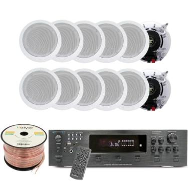 Imagem de Vaiyer - Kit de sistema de áudio doméstico, amplificador Bluetooth de 6 canais de 6000 watts com 5,25 polegadas, 12 unidades de 175 W cada na parede e 16 AWG 500 pés, cabo de altifalante -