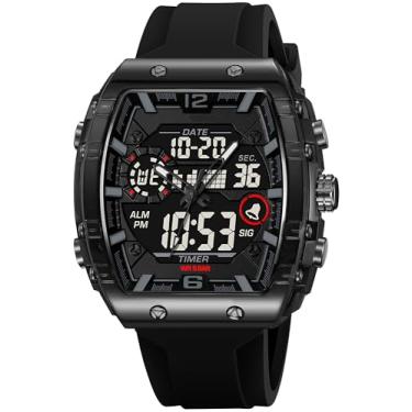 Imagem de Relógios masculinos modernos Tonneau Novidade Designer Elegante Relógio de Pulso com Alarme LED Dual Time 12/24H Calendário Colorido, Preto, Casual