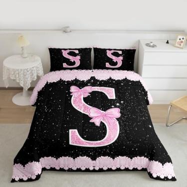 Imagem de Feelyou Conjunto de edredom infantil, solteiro, com laço, rosa, alfabeto, para quarto de crianças, meninos, meninas, decoração de laço de princesa, microfibra, ultramacia e respirável