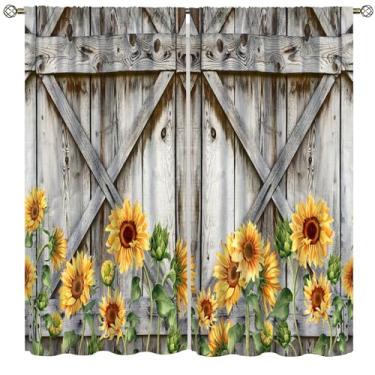 Imagem de Cortinas de girassóis casa de fazenda porta de celeiro de madeira verão outono flores amarelas rústicas tratamentos de janela para cozinha, sala de estar, jantar, quarto de crianças, 107 cm L x 113 cm