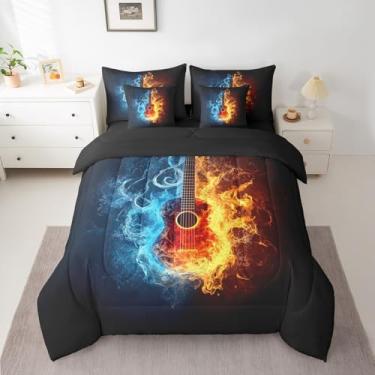 Imagem de Feelyou Jogo de cama casal com edredom de violão, para meninos e meninas, adolescentes, preto, azul, laranja, 7 peças, microfibra leve e macia