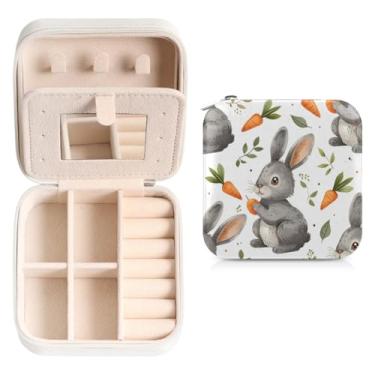 Imagem de TKBXAEG Organizador de estojo de joias de viagem com cenouras, coelhos cinzentos, caixas de joias com espelho, suporte de armazenamento de joias de couro sintético para anéis, brincos, pingentes