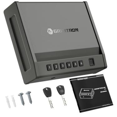 Imagem de Grimtron Cofre biométrico com 100 impressões digitais, teclado retroiluminado e teclas de reserva – Caixa de bloqueio de arma para uso em mesa-de-cabeceira, cabeceira, carro, caminhão e veículo