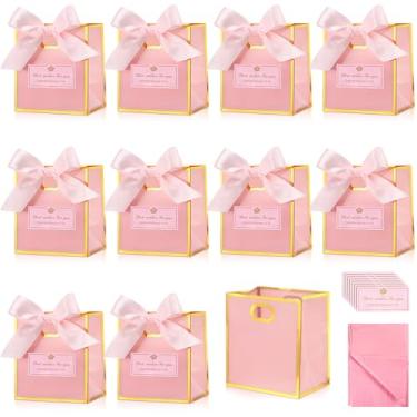 Imagem de Tenare Pacote com 12 sacos de presente de plástico transparente com alças saco reutilizável para lembrancinhas de festa com laço de fita de papel de seda para brindes, aniversário, casamento