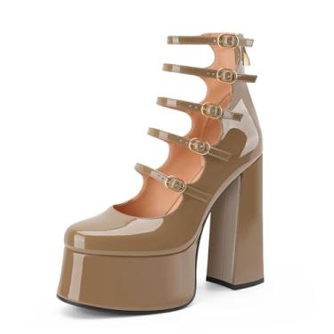Imagem de Perisis Botas femininas plataforma Mary Janes salto alto bloco grosso cano curto bico fechado botas botas gótico lolita sapatos, Marrom, 42