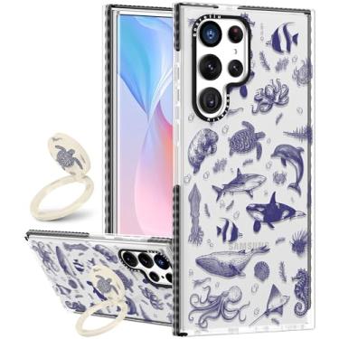 Imagem de Boaretiu Capa fofa Kawaii para Samsung Galaxy S24Ultra com suporte - Design de suporte de anel giratório adesivo de 360° para mulheres meninas femininas para Samsung Galaxy S24Ultra, peixes marinhos