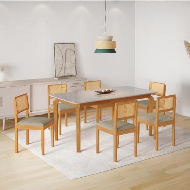 Imagem de Conjunto Mesa De Jantar Alegra Off White 1,80m Com 6 Cadeiras Jade 03 Linho Cinza