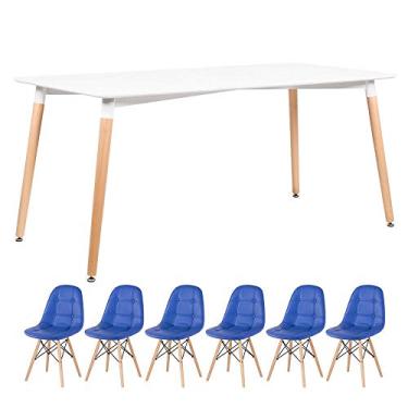 Imagem de Loft7, KIT - Mesa retangular Eames 80 x 160 cm branco + 6 cadeiras Botonê Azul