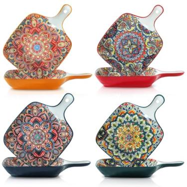 Imagem de YELLOYA Pratos quadrados de salada de cerâmica com uma alça, tigelas de servir boho de 23,4 cm, conjunto de 4 para aperitivo, cereal, aveia, sobremesa, macarrão, lava-louças, micro-ondas e forno