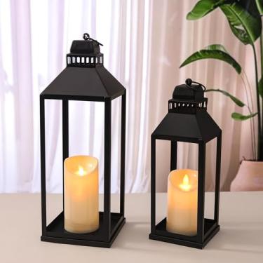 Imagem de MATAHUM Lanternas decorativas de 43 cm, 33 cm, ambientes internos e externos, conjunto de 2 lanternas pretas modernas de metal com velas, Halloween, lanternas decorativas de Natal para manto, lareira