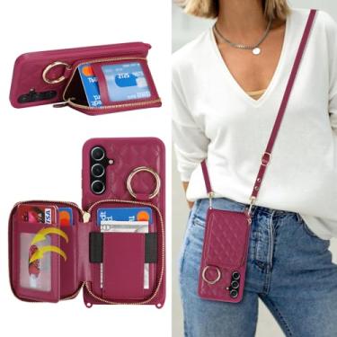 Imagem de Hamany Capa tipo carteira transversal para Galaxy A55, bolsa de mão de couro PU com zíper, capa flip com suporte para cartões, alça de pulso - vermelho escuro