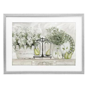 Imagem de Stupell Industries Flores e peras na prateleira impressão emoldurada cinza sob vidro, design por Cindy Jacobs, 43 x 58