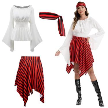 Imagem de NFAUEIK Fantasia de pirata feminina renascentista camisa vestido com lenço de cabeça remendo para os olhos Halloween roupa de rainha pirata (branco, P)