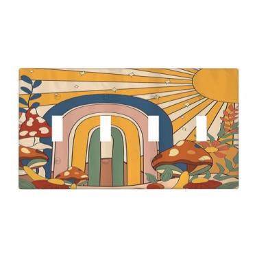 Imagem de Naiqadnehz Capas para interruptores de luz, cogumelo, hippie, sol, arco-íris, vintage, floral, funky, boho, quadriciclo, interruptor de 4 grupos, placa elétrica para decoração de quarto de crianças