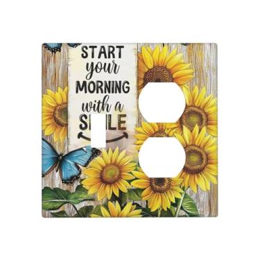 Imagem de JDAKHD Capas de tomada decorativas, girassóis e borboletas vibrantes, 2 gangues, comutador/duplex, placa de parede, textura de madeira, interruptor elétrico, elétrico, alegre, decoração de casa