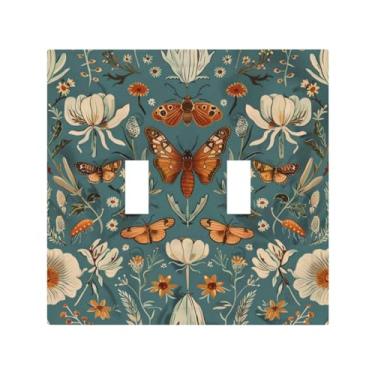 Imagem de DWBGUO Capa decorativa de placa de interruptor com borboleta rústica flor branca em fundo azul design placa de parede 2 gangues exclusivo interruptor duplo interruptor de luz dupla capas para