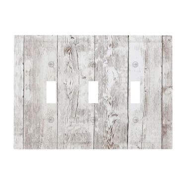 Imagem de Nadoabtm Placas decorativas para interruptores rústicos vintage de grão de madeira branca 3 gangs, placa de parede com interruptor de luz tripla para painéis de parede elétricos para decoração de casa