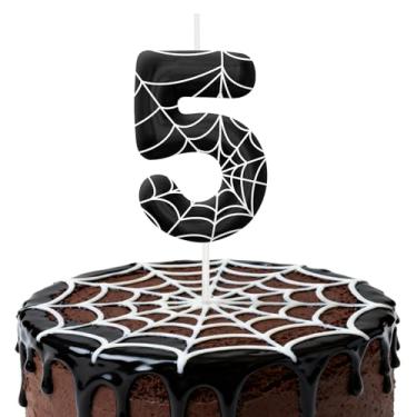 Imagem de Velas de aniversário pretas e brancas para bolo, velas número 5, decorações de aniversário, suprimentos de festa, topo de bolo de teia de aranha para decoração de festa temática para meninos e meninas