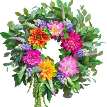 Imagem de Grinalda floral 45 cm / 45.7 cm, decoração de primavera frontal, Páscoa e dia dos namorados, estilo cores naturais vibrantes, com flores de folhas verdes de seda