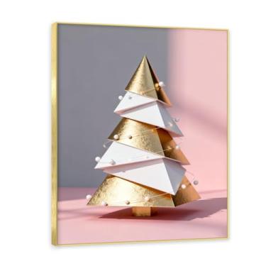Imagem de Moldura dourada. Arte moderna de presente de Natal, arte geométrica de árvore rosa empoeirada e dourada, tela emoldurada pronta para pendurar para uma casa de férias elegante. A46. 50x65cm-19,7x25,6in