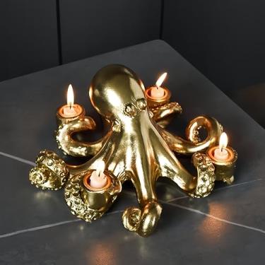 Imagem de Castiçal de polvo, escultura artística em forma de polvo dourado, decoração de casa divertida ou configuração de mesa, criatividade feita à mão.