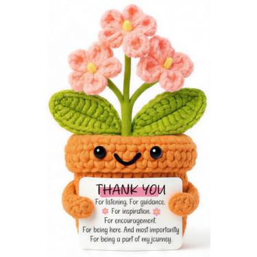 Imagem de Lindo presente de agradecimento de flor de crochê – presente de agradecimento para mulheres, amigas, professoras, estatueta de flor em vaso inspirada à mão, suporte emocional, decoração de mesa
