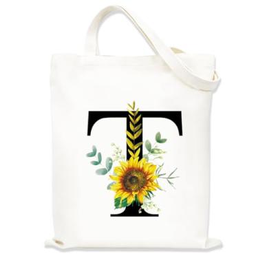 Imagem de Sacolas de lona estampadas para mulheres, sacolas de compras de lona, sacola de compras reutilizável para viagens, compras, trabalho, academia - Letra T