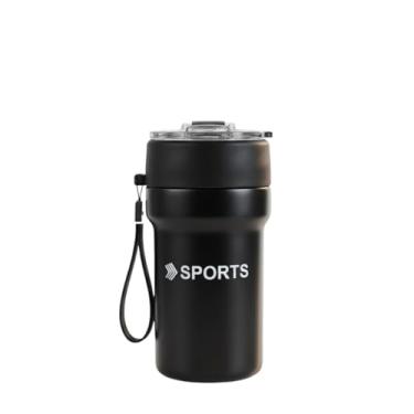 Imagem de Garrafa Térmica de Aço Inoxidável 500ml, Preto, Com Tampa Com Trava de Segurança, Isolamento a Vácuo, Alça e Canudo, Para Academia e Bebidas Quentes