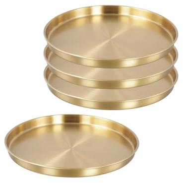 Imagem de NINGWAAN Bandeja redonda dourada de 4 peças, bandeja de servir de aço inoxidável de 30 cm, organizador de maquiagem, bandeja dourada para bancada, banheiro, perfume