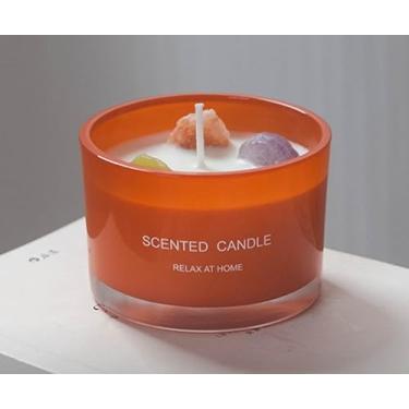 Imagem de Vela perfumada cítrica doce com 4 cristais mágicos, vela de cera de soja com aroma purificante de cura e autoamor, frasco de vidro laranja brilhante para decoração de casa, lembrancinhas de casamento
