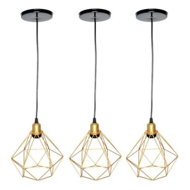 Imagem de Kit 3 Pendentes Aramado Diamante Balcão Retrô Lustre Cabo 1,5 Metros Estrutura Dourado