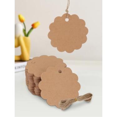 Imagem de 100 etiquetas de presente de borda ondulada com cordão - etiquetas de papel kraft redondas em branco de 6 cm para Natal, casamento, presentes e artesanato DIY (marrom)