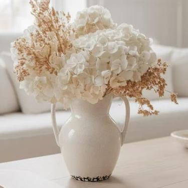 Imagem de Vaseking Vaso rústico de cerâmica branca com 2 alças, vaso de flores redondo de fazenda moderna, vasos decorativos antigos para decoração de casa, casamento, sala de estar, decoração de prateleira