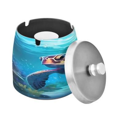 Imagem de Blueangle Cinzeiro de tartaruga marinha com tampa para cigarros, à prova de vento/chuva, aço inoxidável, sem fumaça, inodoro, cinzeiro para uso interno ou externo (522)